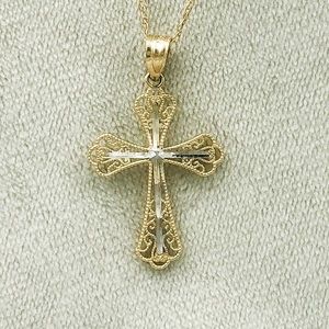 14K Yellow White Gold Filigree Cross 18"L Necklace